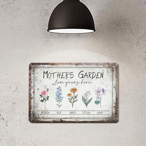 Custom Metal Sign with Birth Month Flower & Name Personalized Gifts for Mom Grandma Wife Customized Floral Wall Art Decor Birthday Plaque 12 x 8 Inch Home Signage (Birthday Flower Theme)