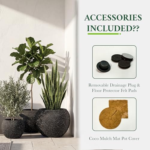 Premium Mt Sherman Fiberstone Sphere Planter for Indoor Outdoor Use (Ribbed Black / Large 21.1''D x 16.7''H)