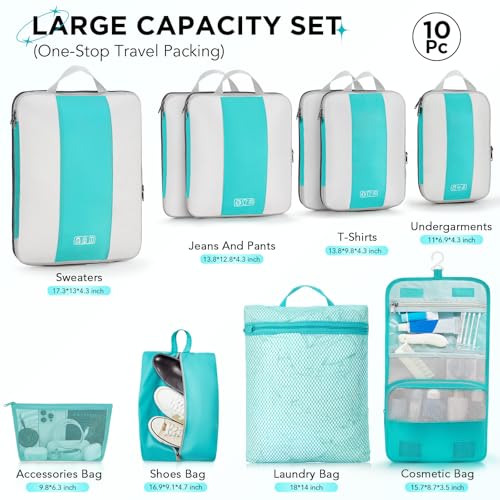 10 Set Compression Packing Cubes for Travel Essentials (Blue Green)