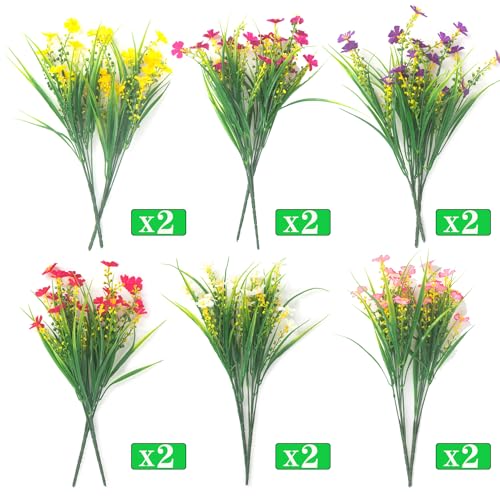 12 Bundles Artificial Flowers Faux Plants Spring Decoration Plastic Plants UV Resistant Shrubs for Home Indoor Outside Garden Window Porch Pots Decoration (12 Count)