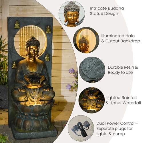 Large Buddha Water Fountain Waterfall Outdoor Indoor with LED Light (Gray / Water Fountain - 43 inches)