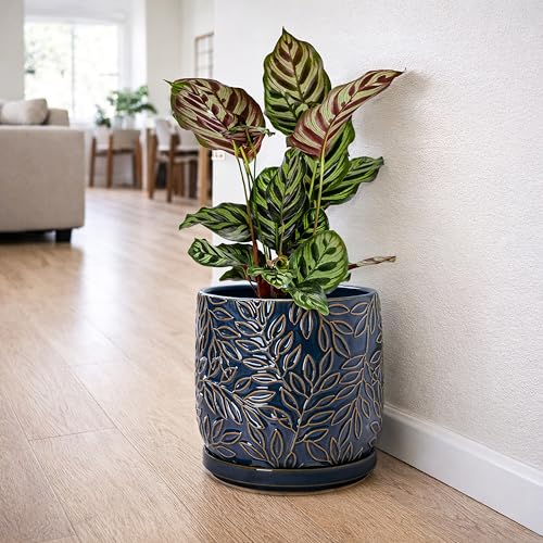 Embossed Leaves Ceramic Planter (8 Inch / Midnight Blue)