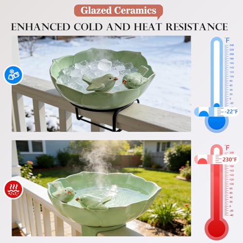 Glazed Ceramic Bird Bath Bowl for Outdoor Ground (Light Green)