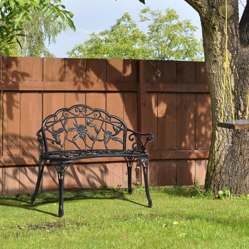 38.5" Patio Park Garden Outdoor Metal Rose Bench (Black / Rose)