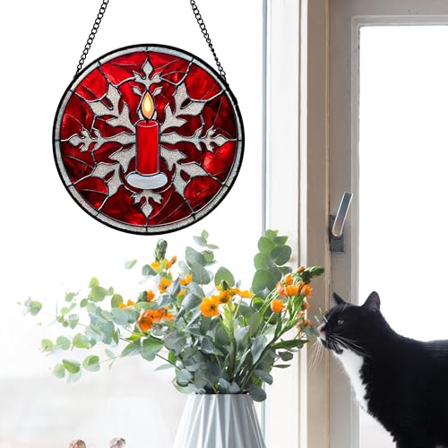 Stained Glass Window Hanging 4 Pcs Set Red Christmas Decorations Theme 6.3" (4-piece Red Christmas Set / 6.3x6.3 IN)