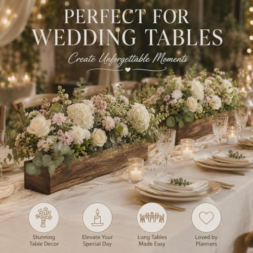 2 Set Wood Boxes for Centerpieces 28x5 Inch Rectangle Wooden Planter Box Rustic Wood Planter with Removable Plastic Liner Floral Foam Blocks for Christmas Wedding Home Garden Decor (28 x 5 Inch / Dark Brown)