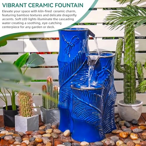 Autodaya 25" Tropical Outdoor Fountain (25.5"h Bamboo-style Cobalt Blue)