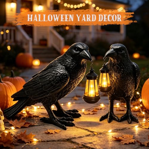 Halloween Crow Solar Garden Statue Outdoor Figurine Halloween Decoration (Black - Crow With Lantern)