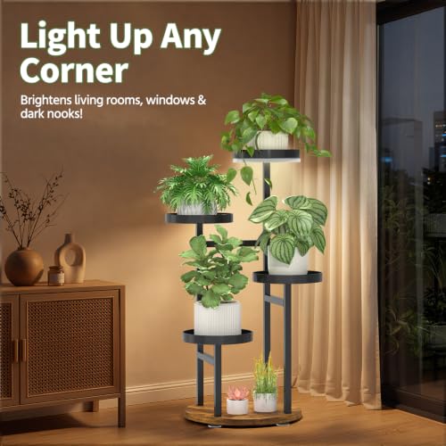 Plant Stand for Indoor Corner (Jet Black-Brown with Light / 4 Tier)