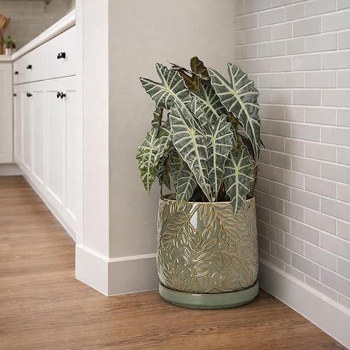 Embossed Leaves Ceramic Planter (10 Inch / Olive)