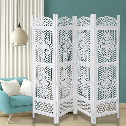 Room Divider Wooden Foldable Hand Carved Screens Panel_80" Wx72 H_4Panel (Antique White / 80"W x 72"H - Minar)