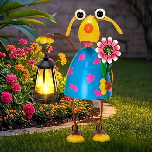 Solar Garden Lights 13.38in Metal Dog Statue with Solar Lantern Lights (Solar Dog With Lights)