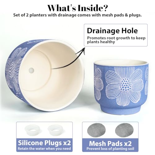 Ceramic Plant Pots (8+6 Inch / Modern Matte Blue Floral)