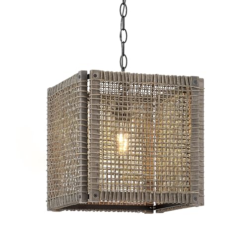 Farmhouse Rattan Chandelier 12" Handwoven Pendant Light Fixtures with Gray Square Solid Wood Frame (12” / Gray)
