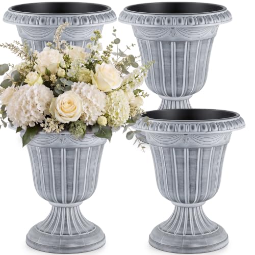 4 Pcs 16 x 18 Inches White Wash Plastic Urn Planter Classic Flower Pots Front Porch Planters Indoor Outdoor Planters with Pedestal for Wedding Party Bridal Shower Garden Patio Porch (16 x 18 Inches / White Wash)