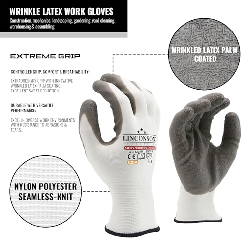 12 Pack Safety Performance Series Construction Mechanics Wrinkle Latex Work Gloves (X-Large (120 Pairs) / White)