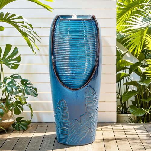 Autodaya 33" H Ceramic Jar Outdoor Water Fountain (32"h-leaf Pattern Teal Blue Glaze)
