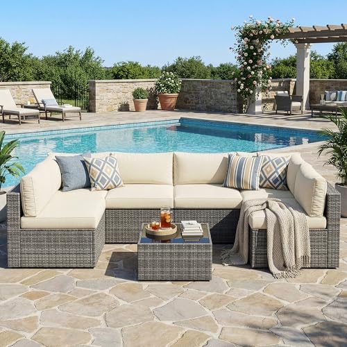 7 Pieces Wicker Outdoor Patio Furniture Set (Beige / 7-Pieces)