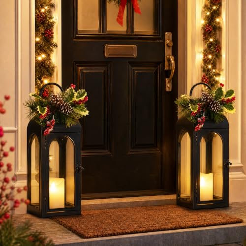 16 Inch Black Metal Christmas Lanterns Set of 2 with Remote and Timer