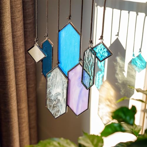 7pcs Stained Glass Window Hanging Suncatchers Modern Blue Wall Art Ornament (Blue Purple-7pcs)