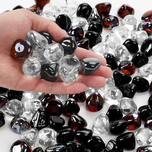 Blended Fire Glass Diamonds for Fire Pit Fireplace (Diamond 10LB / Crystal Ice +Onyx Black + Amber)