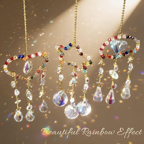 3 Pcs Crystal Suncatcher Rainbow Maker Star Heart Moon Window Decor (Colorful)