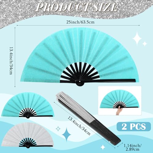 2 Packs Large Folding Hand Fans (Glitter Silver and Green)