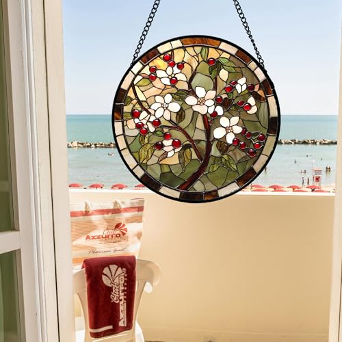 White Flowers Red Berries Stained Glass Window Hanging Suncatcher Gift 12" (Brown Green / 11.8x11.8 IN)