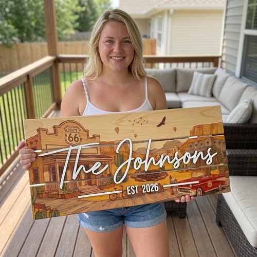 Western Sign Custom Family Last Name Solid Wood Sign with Established Date (Route 66 _ Western Town / Large)