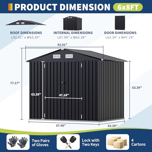 6x8 FT Metal Storage Sheds Outdoor (Gray / 6x8FT with Light)