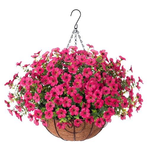Artificial Fake Hanging Plants Flowers Basket for Outdoor Outside Porch Summer Decoration (Rose Red)