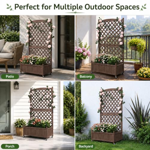 Trellis Raised Garden Bed with Wheels Trellis for Climbing Plants Outdoor (Dark Brown / H63 × W36 × D17.5 in)