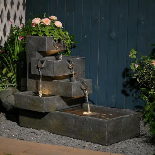 26" H Outdoor Water Fountain with 4 Tiers Cascading Rock Texture (49.5H / Deep Gray)