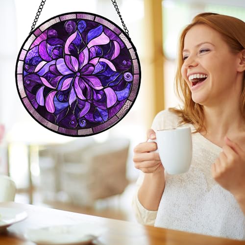 Purple Abstract Flower Stained Glass Window Hanging Suncatcher Gifts 12" (Dark Purple / 11.8x11.8 IN)