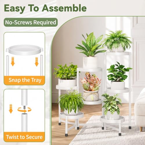 Plant Stand Indoor Outdoor with Large 10 Inch Plastic Tray (Pure White with Large Tray / 7 Tier)