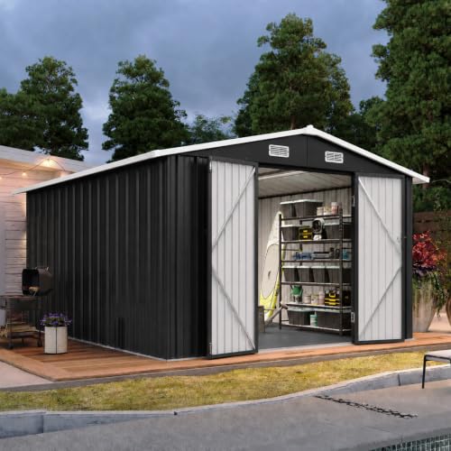 10x12FT Shed with Floor Galvanized Steel Outdoor Storage Shed Black (Black / 10'x12'w)