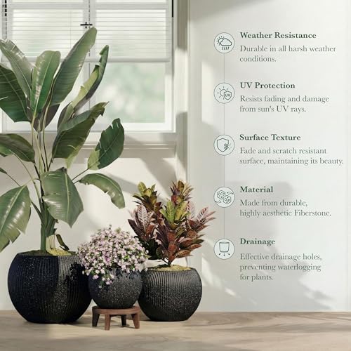 Premium Mt Sherman Fiberstone Sphere Planter for Indoor Outdoor Use (Ribbed Black / Small 12.6''D x 10''H)