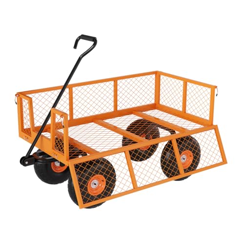 Heavy Duty Steel Garden Cart 500 LBS Capacity 3 in 1 Pullable Garden Wagon with 10 in Wheels for Gardening Soil (Orange / 500 lbs)