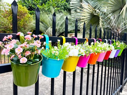 10 Pack 6" Colorful Metal Hanging Railing Planters with Detachable Hooks (Round - 5.9 Inch)