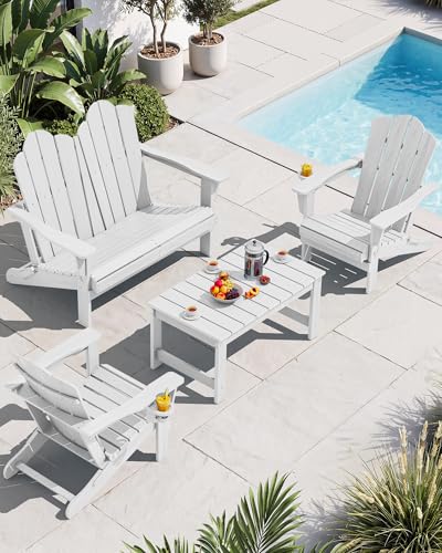 4 Pc HDPE Adirondack Set (White / 2 chair &1 bench &1 coffee table)