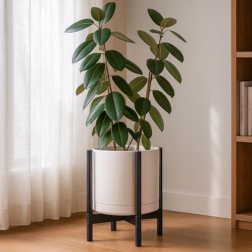 Ceramic Pot with Ebony Wood Stand (14 Inch / Oatmeal Pot + Ebony Stand)