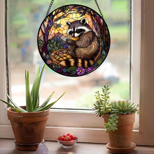 Raccoon Fruit Forest Stained Glass Window Hanging Suncatcher Gifts 7.8" (Dark Brown / 7.8x7.8 IN)