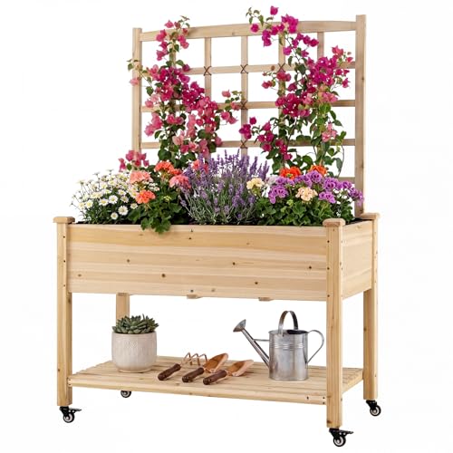65'' Wooden Raised Garden Bed with Trellis & Legs (47” x 23” x 65”)