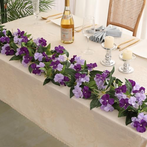 Artificial Vines Purple Flower Garland Artificial Impatiens Flowers for Outdoors Hanging Floral Vines for Home Decor Wall Fence Stairway Indoor Outdoor Wedding Hanging Baskets (Impatiens Flowers-purple)