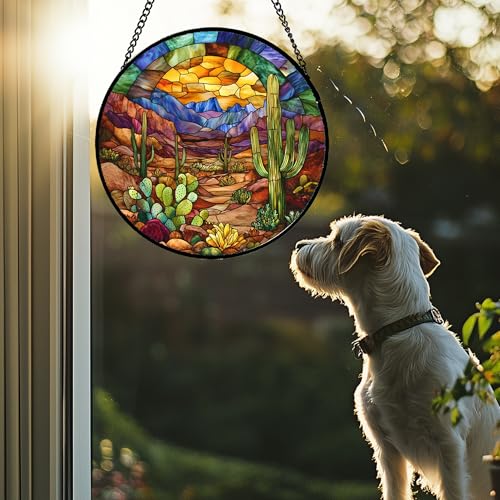Desert Cactus Canyon Stained Glass Window Hanging Suncatcher Gifts 15" (Brown / 15x15 IN)
