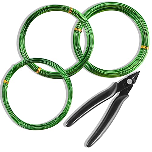 Bonsai Wire Tool Kit with Cutter (1.0mm 1.5mm 2.0mm / 3 Rolls Green 98 Ft, WITH Cutter)