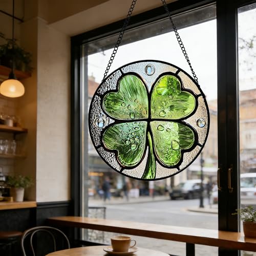 Stained Glass Window Hanging Ireland Lucky Clover Gifts for Women 6.3"