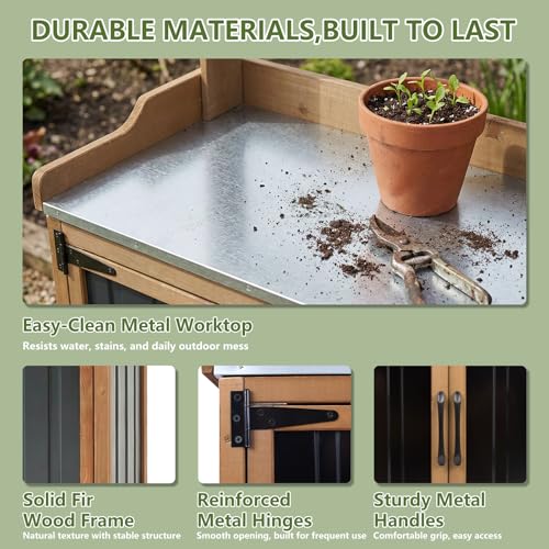 Rolling Potting Bench with Storage and Galvanized Metal Top (Black / 37" x 18" x 47")