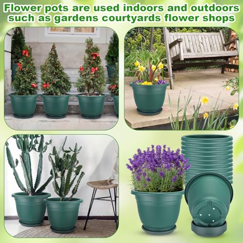 12 Pcs 12'' Plastic Plant Pots Round Planter Pots with Saucer Tray Seedling Pot Hole Seed Resin Plant Pot Starting Nursery Flower Container with Pallet for Garden Outdoor Indoor (Green / 12'')