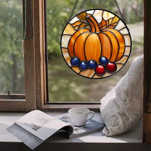 Pumpkin Berry Harvest Stained Glass Window Hanging Suncatcher Gifts 6.3"